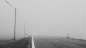 Preview wallpaper road, asphalt, fog, bw