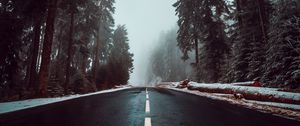 Preview wallpaper road, asphalt, fog, trees, markings, sky