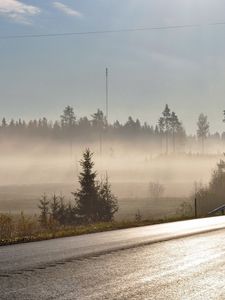Preview wallpaper road, asphalt, fog, morning, freshness, shine, trees, wires