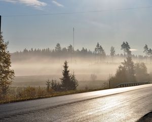 Preview wallpaper road, asphalt, fog, morning, freshness, shine, trees, wires