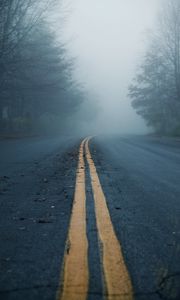 Preview wallpaper road, asphalt, fog, trees