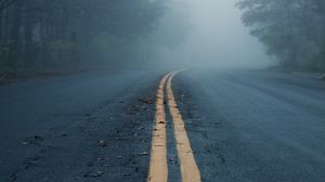 Preview wallpaper road, asphalt, fog, trees