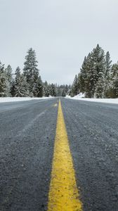 Preview wallpaper road, asphalt, forest, trees, snow, winter, nature
