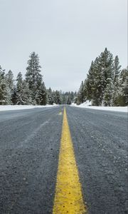 Preview wallpaper road, asphalt, forest, trees, snow, winter, nature