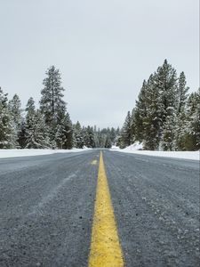 Preview wallpaper road, asphalt, forest, trees, snow, winter, nature