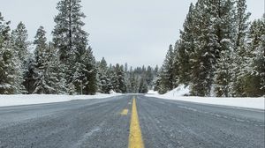Preview wallpaper road, asphalt, forest, trees, snow, winter, nature