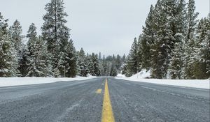 Preview wallpaper road, asphalt, forest, trees, snow, winter, nature