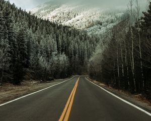 Preview wallpaper road, asphalt, forest, trees, snow, winter