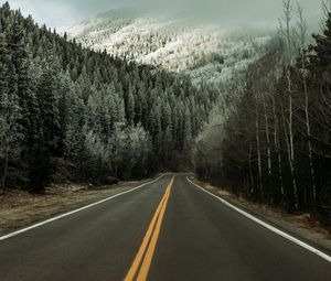 Preview wallpaper road, asphalt, forest, trees, snow, winter