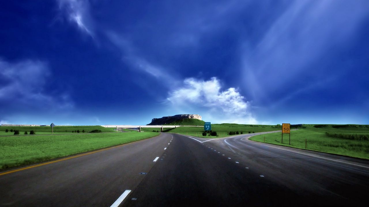 Wallpaper road, asphalt, fork, turn, sky