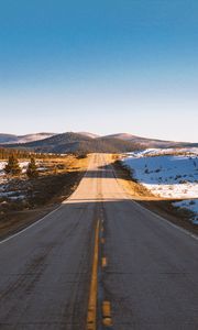 Preview wallpaper road, asphalt, hills, snow, nature