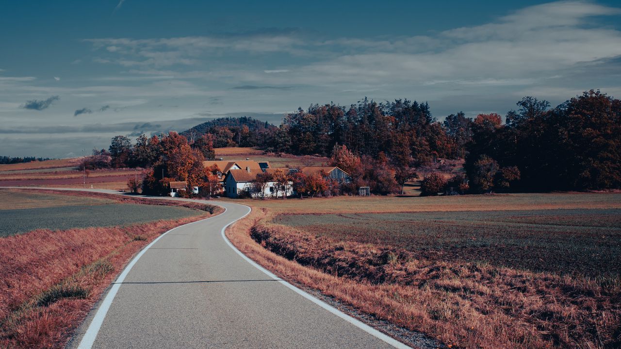 Wallpaper road, asphalt, houses, fields, trees