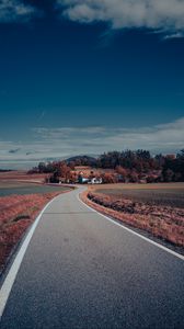 Preview wallpaper road, asphalt, houses, fields, trees