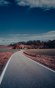 Preview wallpaper road, asphalt, houses, fields, trees