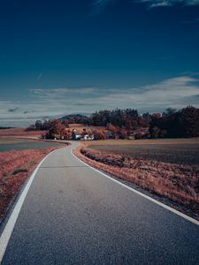 Preview wallpaper road, asphalt, houses, fields, trees