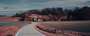 Preview wallpaper road, asphalt, houses, fields, trees