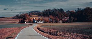 Preview wallpaper road, asphalt, houses, fields, trees