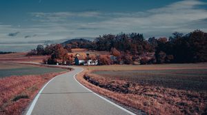 Preview wallpaper road, asphalt, houses, fields, trees