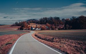 Preview wallpaper road, asphalt, houses, fields, trees