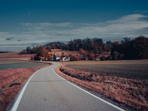 Preview wallpaper road, asphalt, houses, fields, trees