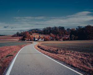 Preview wallpaper road, asphalt, houses, fields, trees