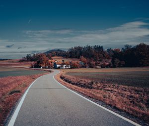 Preview wallpaper road, asphalt, houses, fields, trees