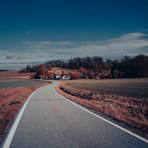 Preview wallpaper road, asphalt, houses, fields, trees