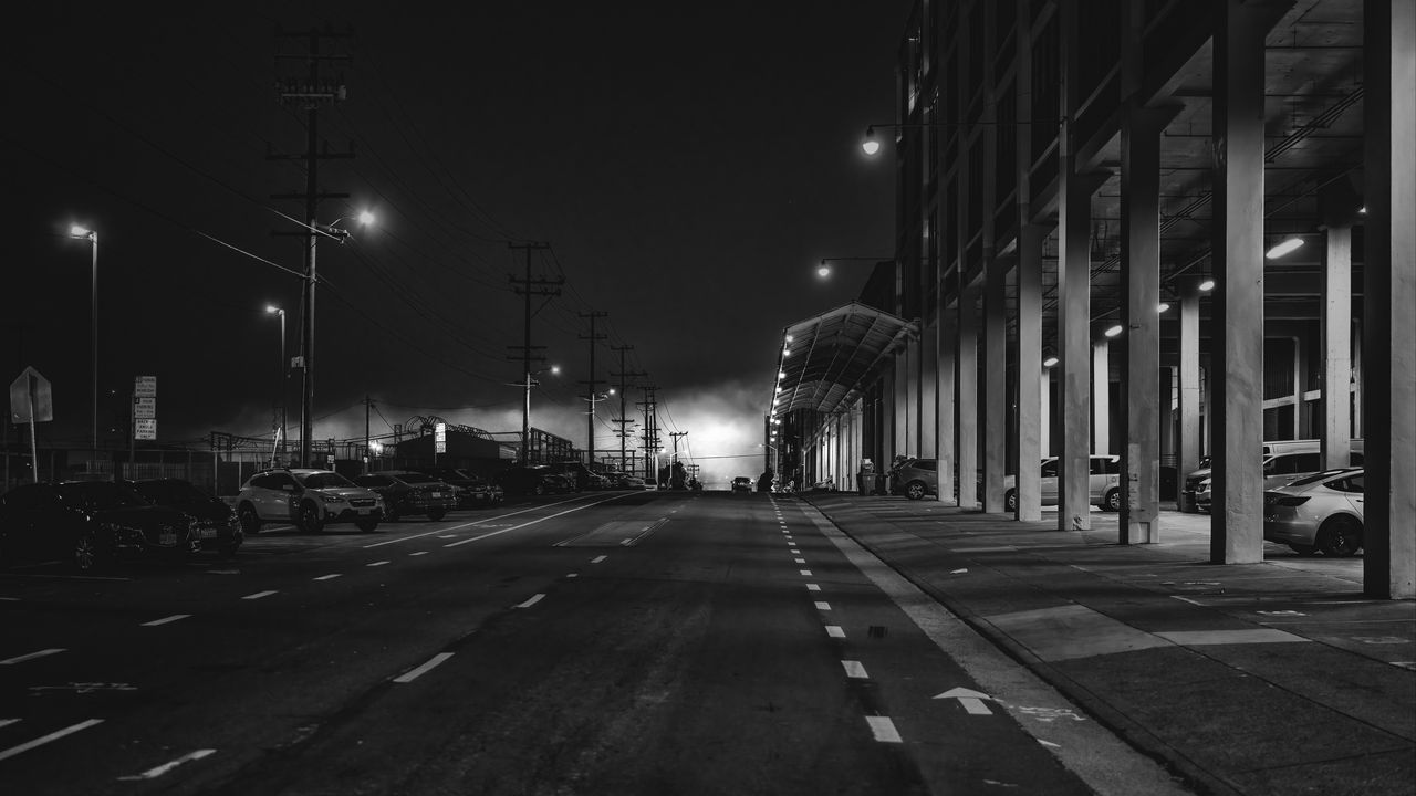 Wallpaper road, asphalt, lights, night, black and white