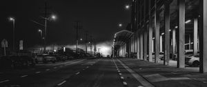 Preview wallpaper road, asphalt, lights, night, black and white