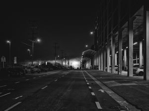 Preview wallpaper road, asphalt, lights, night, black and white