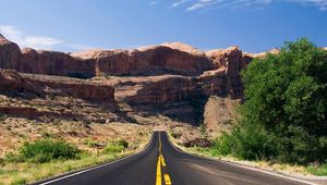 Preview wallpaper road, asphalt, marking, lines, canyons, trees