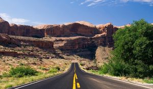 Preview wallpaper road, asphalt, marking, lines, canyons, trees