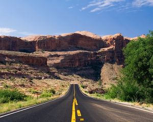 Preview wallpaper road, asphalt, marking, lines, canyons, trees