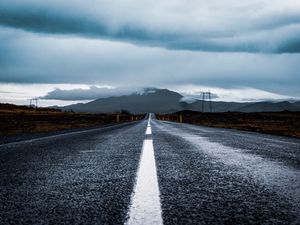 Preview wallpaper road, asphalt, marking, mountain, clouds
