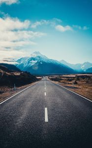 Preview wallpaper road, asphalt, mountains, marking, mount cook, new zealand