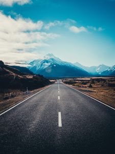 Preview wallpaper road, asphalt, mountains, marking, mount cook, new zealand