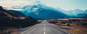 Preview wallpaper road, asphalt, mountains, marking, mount cook, new zealand