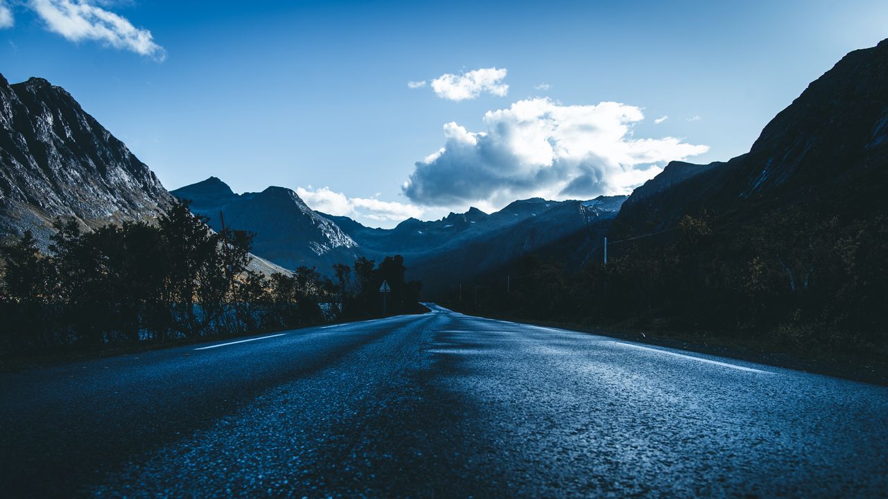 Wallpaper road, asphalt, mountains, clouds, direction