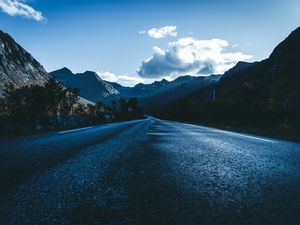 Preview wallpaper road, asphalt, mountains, clouds, direction