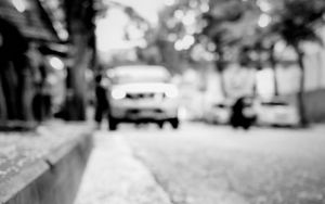 Preview wallpaper road, asphalt, petals, blur, bw