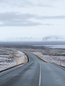 Preview wallpaper road, asphalt, snow, turn, direction, marking