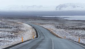 Preview wallpaper road, asphalt, snow, turn, direction, marking