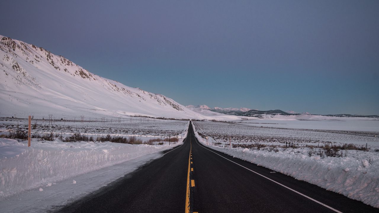 Wallpaper road, asphalt, snow, winter, horizon, direction