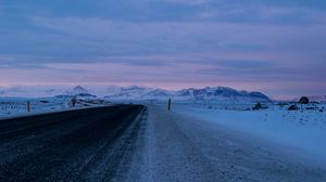 Preview wallpaper road, asphalt, snow, mountains, dusk