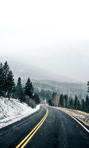 Preview wallpaper road, asphalt, snow, forest, winter