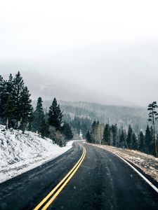 Preview wallpaper road, asphalt, snow, forest, winter