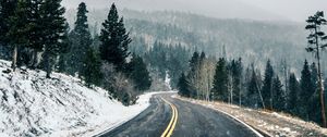 Preview wallpaper road, asphalt, snow, forest, winter