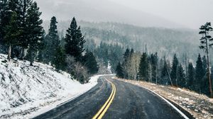 Preview wallpaper road, asphalt, snow, forest, winter