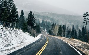 Preview wallpaper road, asphalt, snow, forest, winter