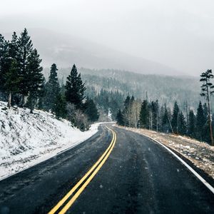 Preview wallpaper road, asphalt, snow, forest, winter